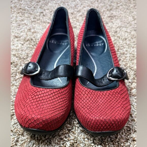 Dansko Red & Black Leather Mary Jane Flats - Picture 2 of 6